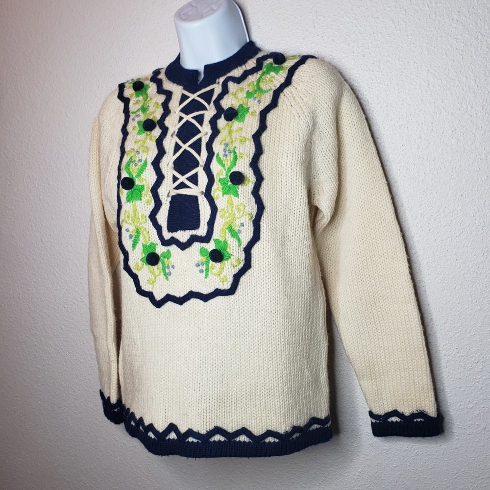 Vtg Tami Sz S Knit Wool Kitschy Embroidered Floral Lace-up Sweater (524) - Picture 2 of 7